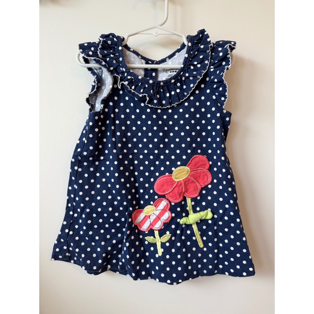 Nannette Girls Navy Blue Polka Dot Ruffle Floral Applique Dress Size 6